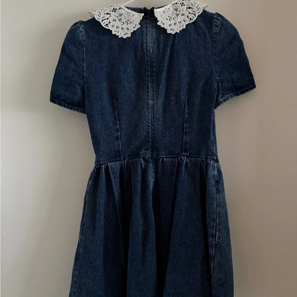 Self-Portrait denim Mini Dress with White Lace Collar size 2 - Picture 5 of 10